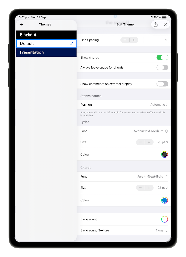 SongSheet Pro theme detail panel